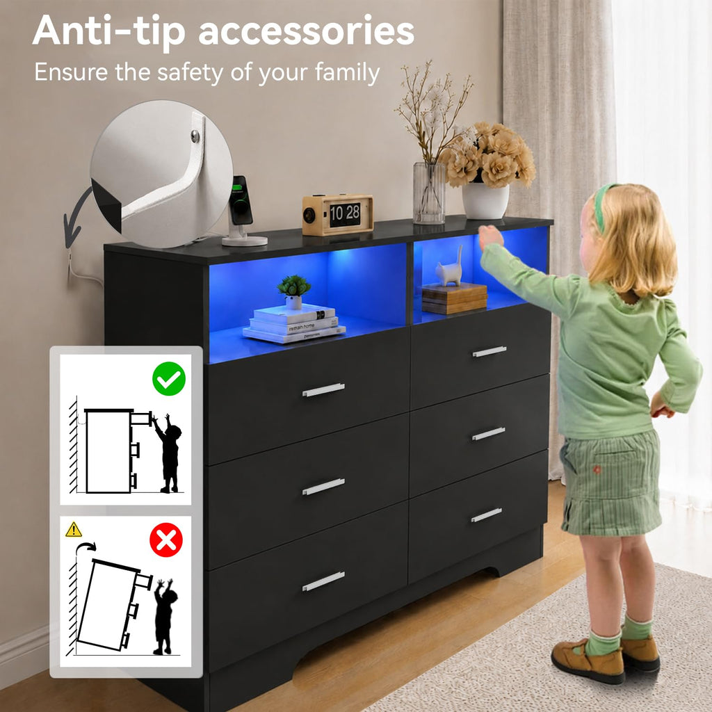 Black 6 Drawer Wood Dresser with Power Outlets V751