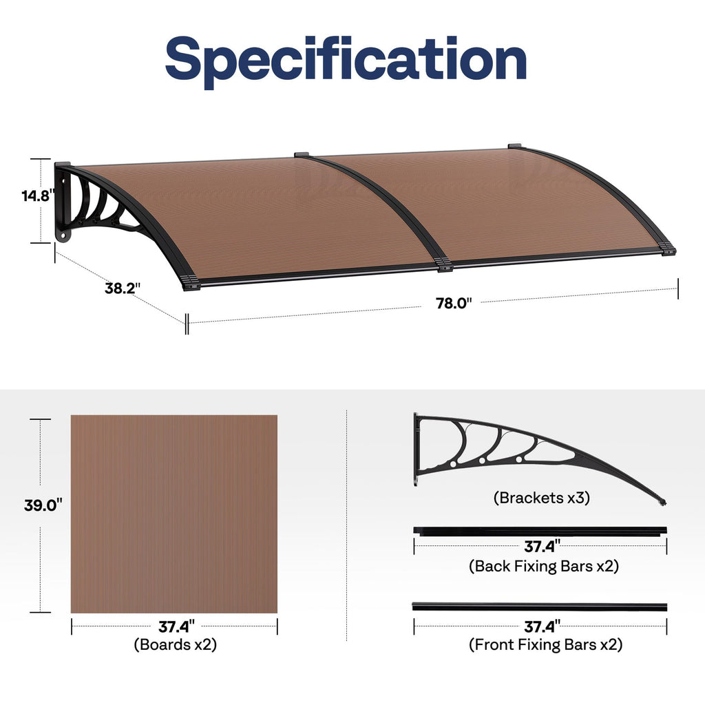 Brown Polycarbonate Window Door Awning 38 Inch x 78 Inch U690