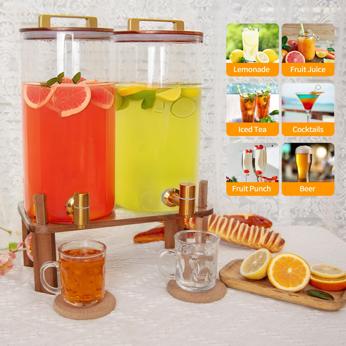 2 Pack 1.5 Gallon Glass Beverage Dispenser with Wooden Lid W438413