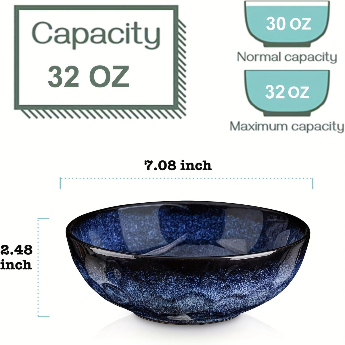 Ceramic Salad Bowls Set, 32 Ounce, Set of 4, Blue N328