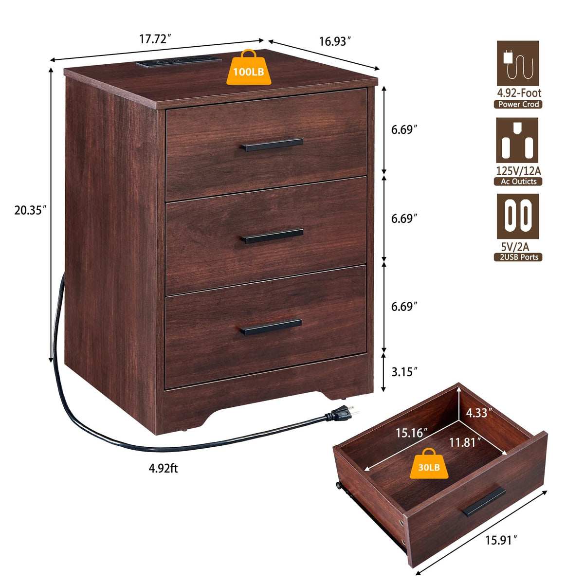 Cherry Wood 3 Drawer Dresser Y54340