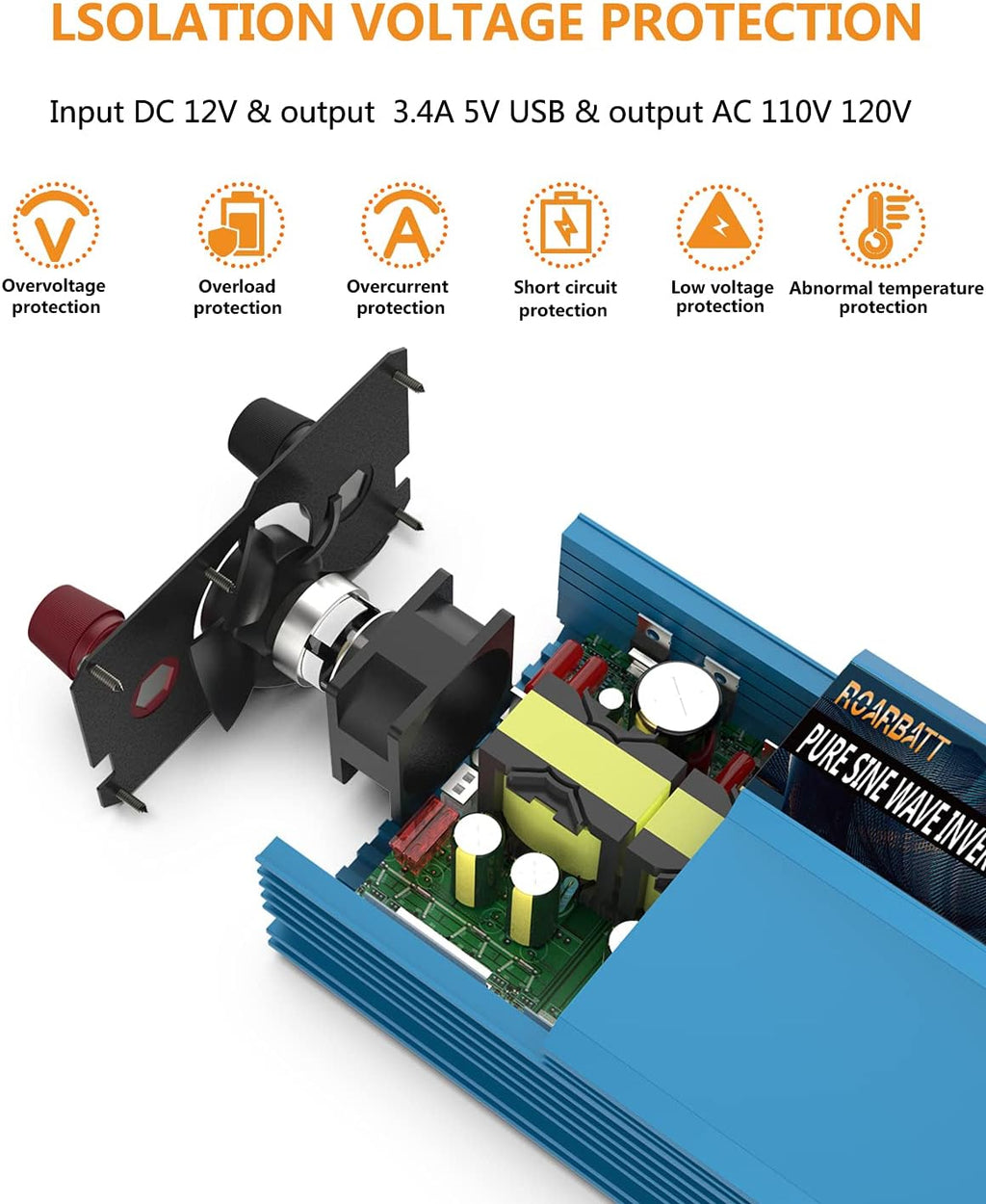 Pure Sine Wave Power Inverter 1000W DC 12V to AC 110V 2 AC Outlets 3.4A USB D67844