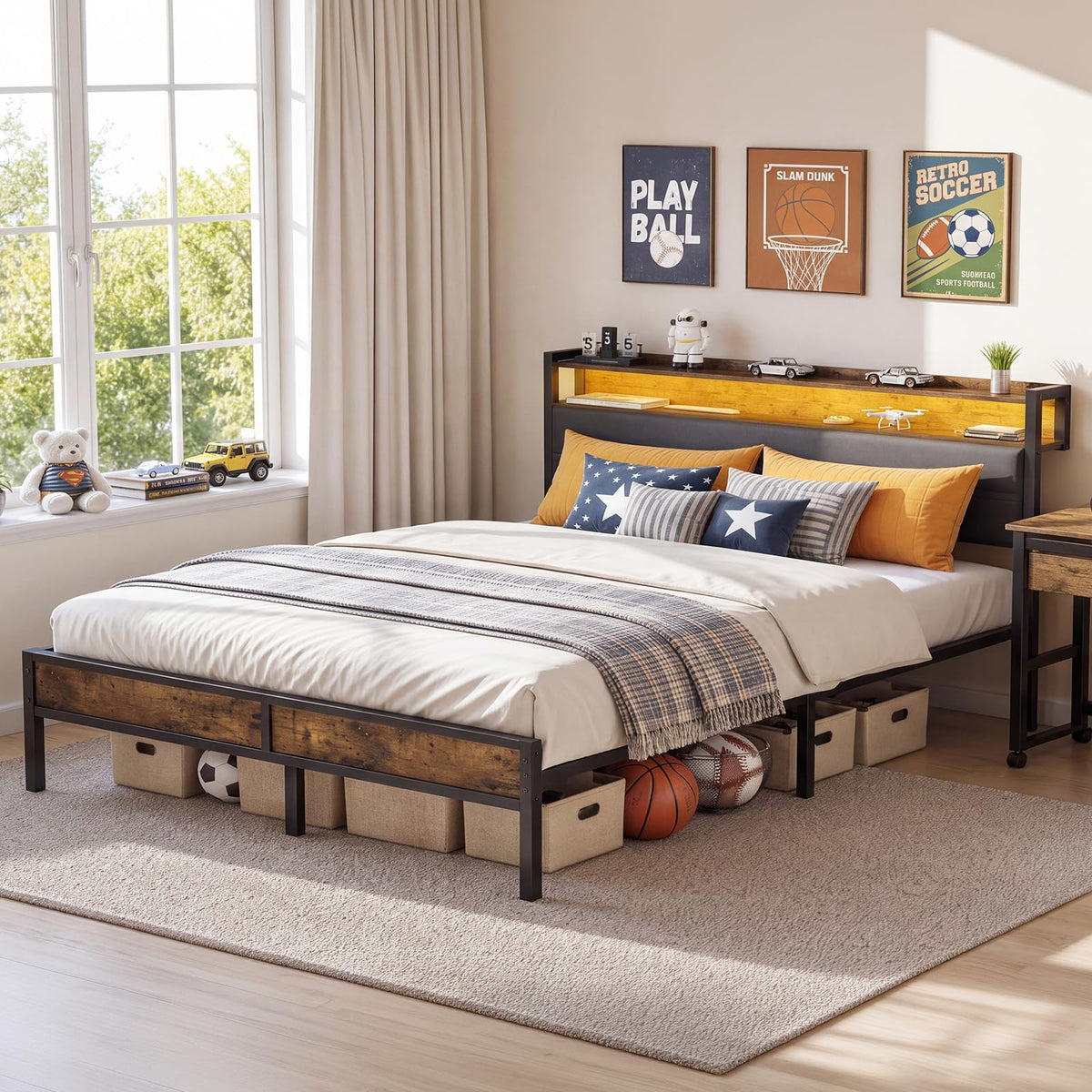 Full Bed Frame with LED Light Storage Headboard and Charging Station M336878
