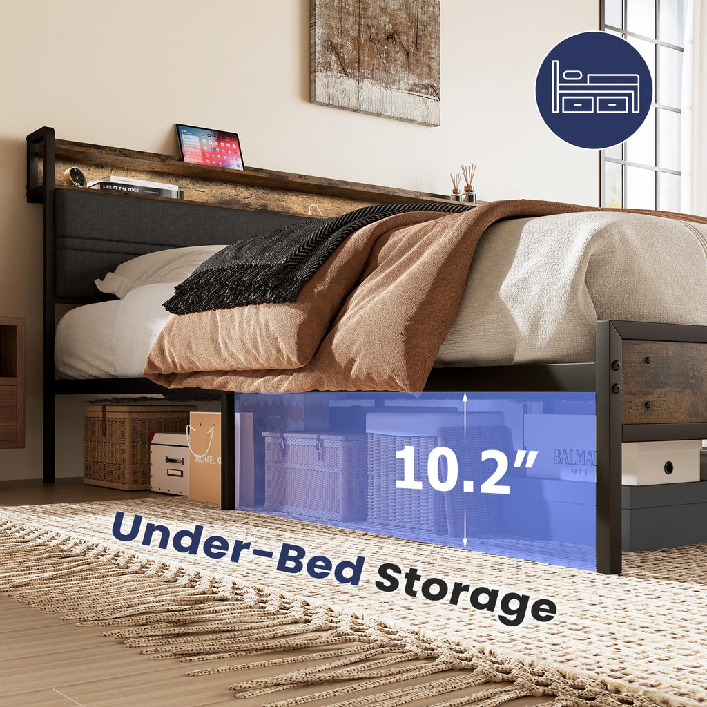 Full Bed Frame with LED Light Storage Headboard and Charging Station M336878