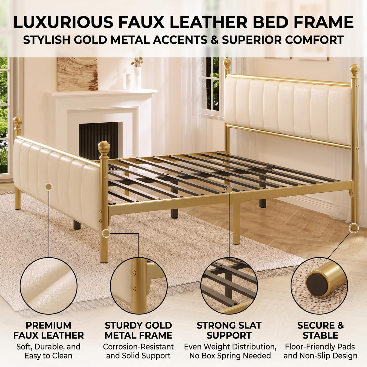 Gold Full Size Bed Frame with Headboard and Under Bed Storage L6333