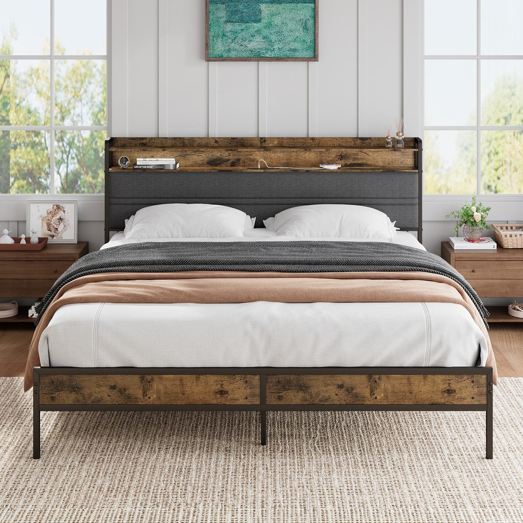 Full Bed Frame with LED Light Storage Headboard and Charging Station M336878