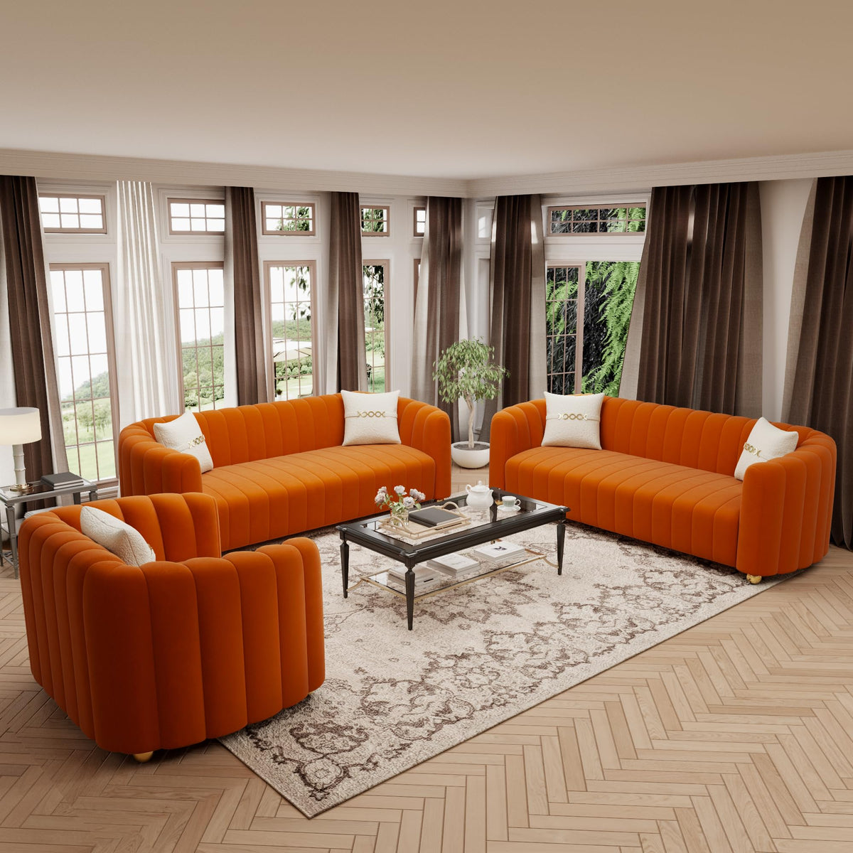 Orange Velvet Tufted 3-Piece Sofa Set B805