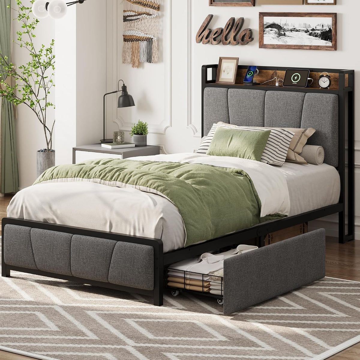 Twin Size Bed Frame with Storage Drawers and Charging Station C9780