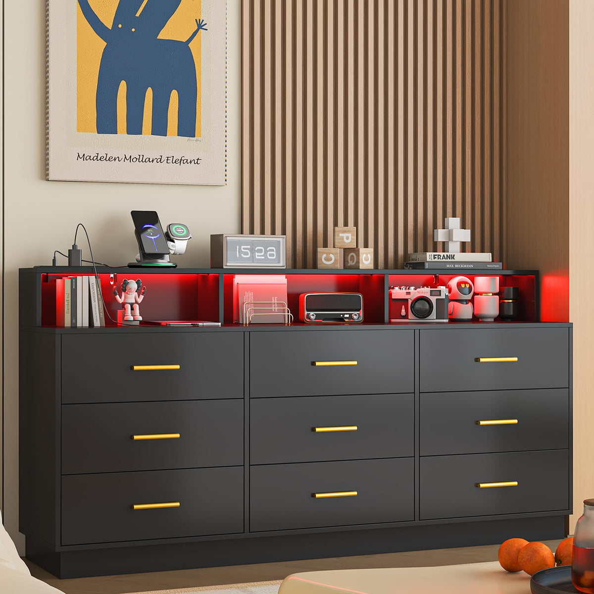 Black 9 Drawer Wood Dresser with LED Light and Power Outlet A422650