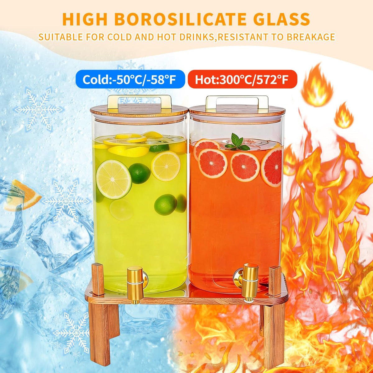 2 Pack 1.5 Gallon Glass Beverage Dispenser with Wooden Lid W438413