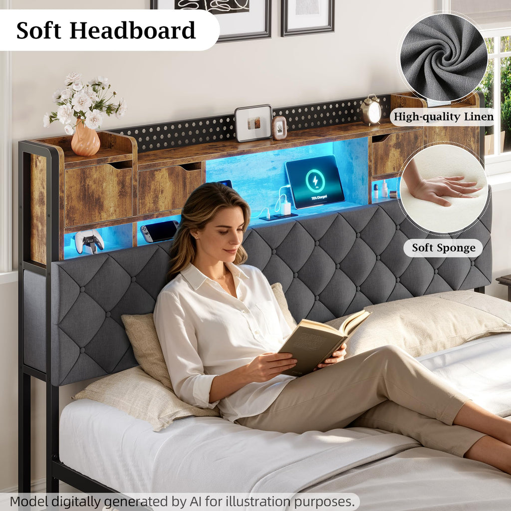King Size Bed Frame with Storage Bookcase Headboard Y26260