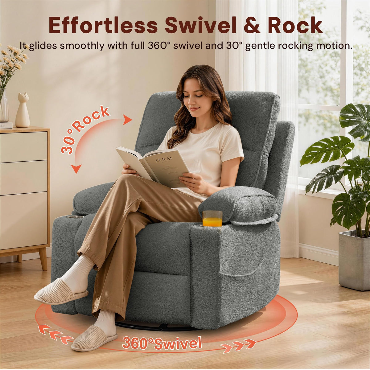 360° Swivel Rocker Recliner Chair with Cup Holders B274581