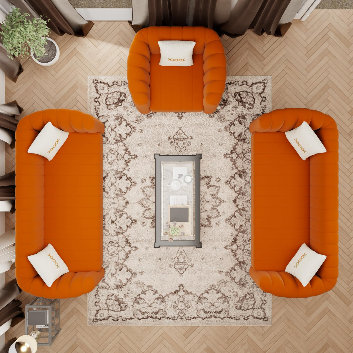 Orange Velvet Tufted 3-Piece Sofa Set B805