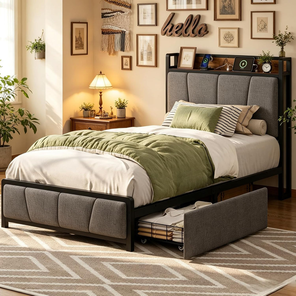 Twin Size Bed Frame with Storage Drawers and Charging Station C9780