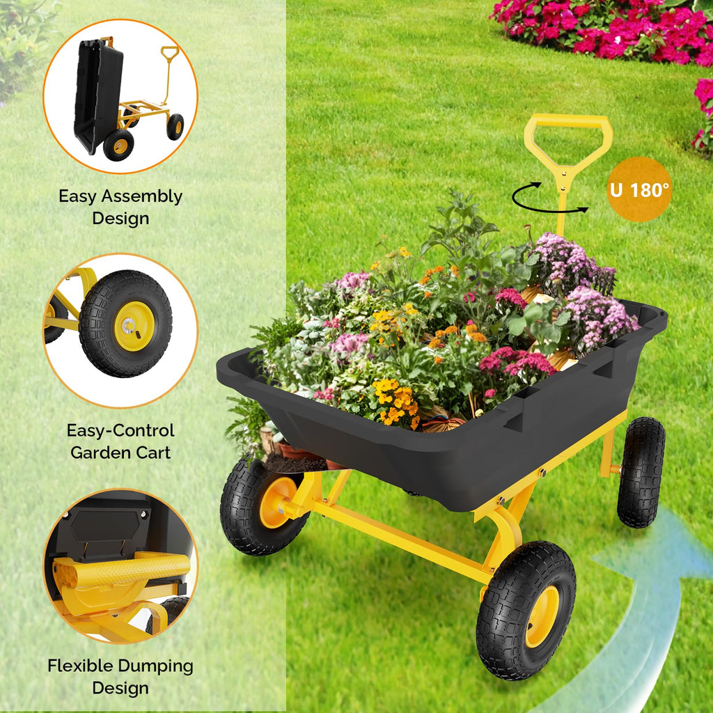 Heavy Duty Dump Cart Wagon, 770LBS Poly Wheelbarrow, 10in All-Terrain Pneumatic Tires D7496