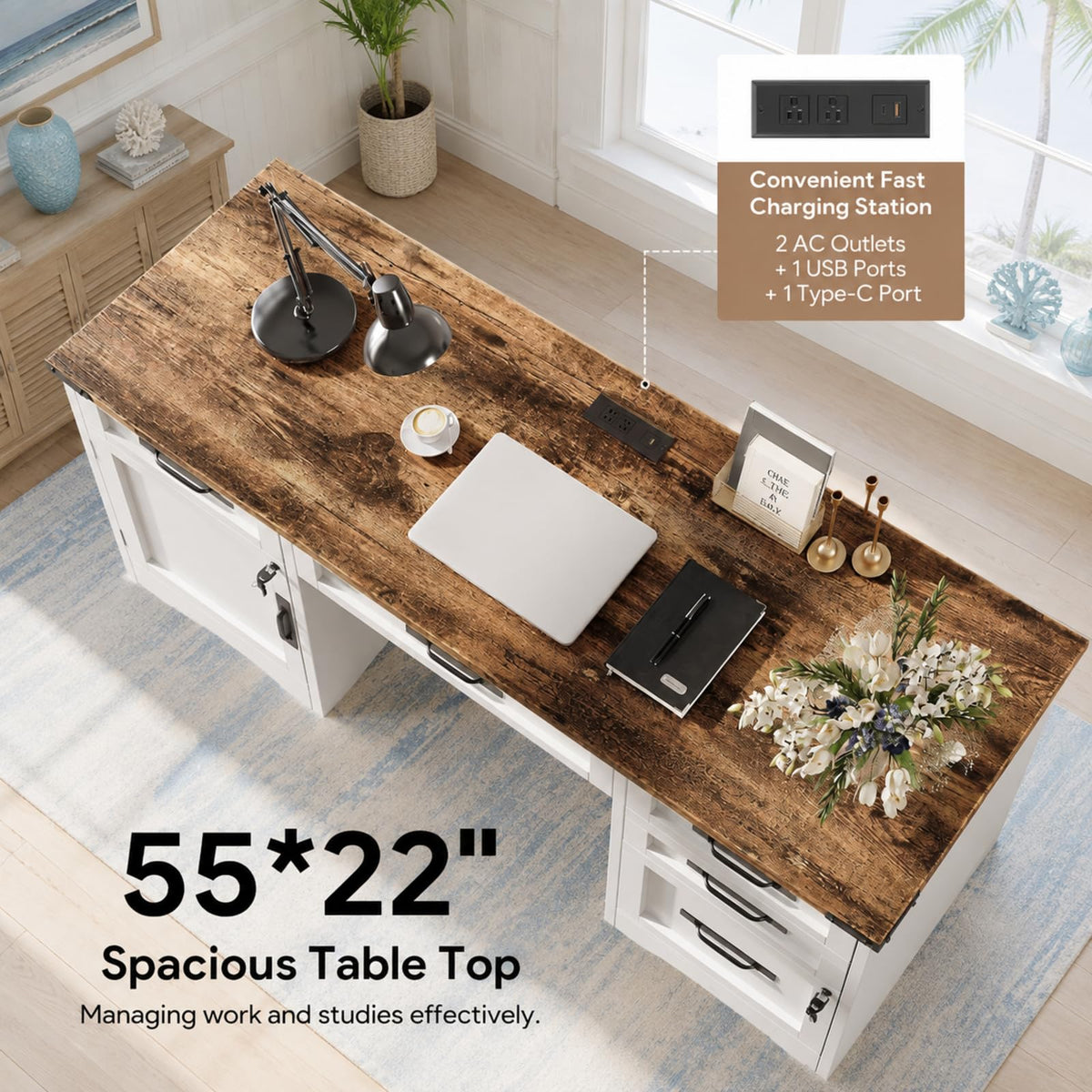47 Inch Computer Desk with Hutch and 4 Drawers S1630
