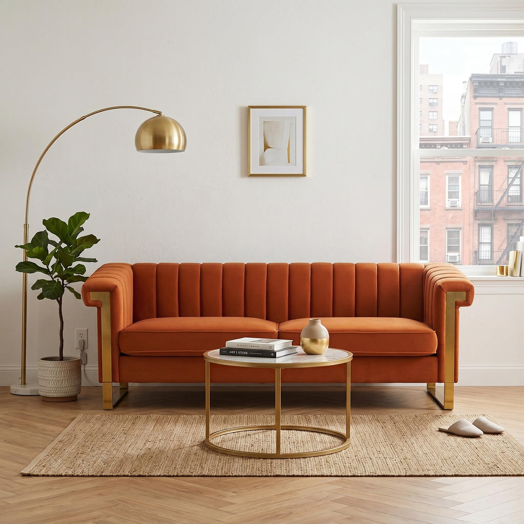 Orange Velvet 3 Seater Sofa with Gold Metal Legs R53149