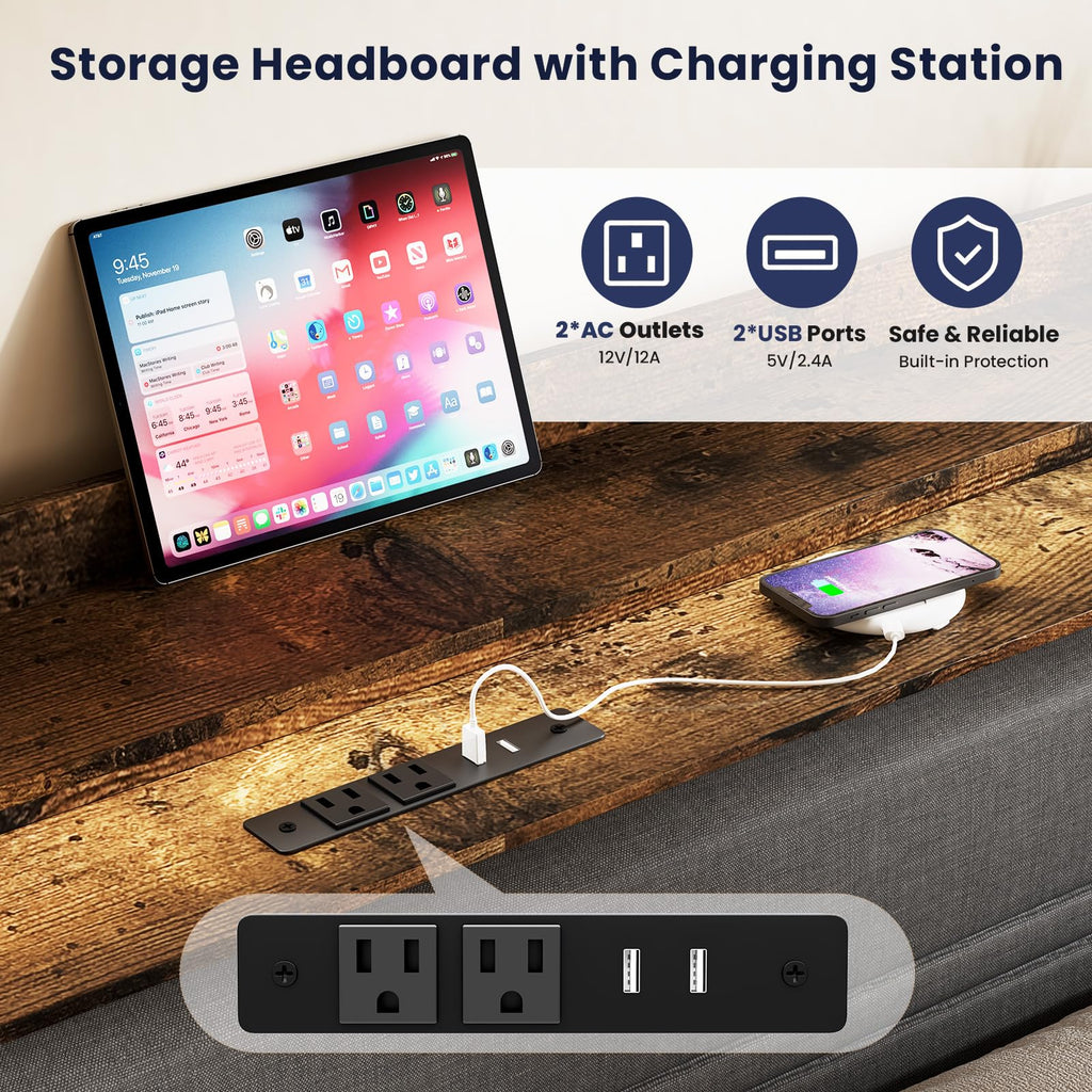 Full Bed Frame with LED Light Storage Headboard and Charging Station M336878