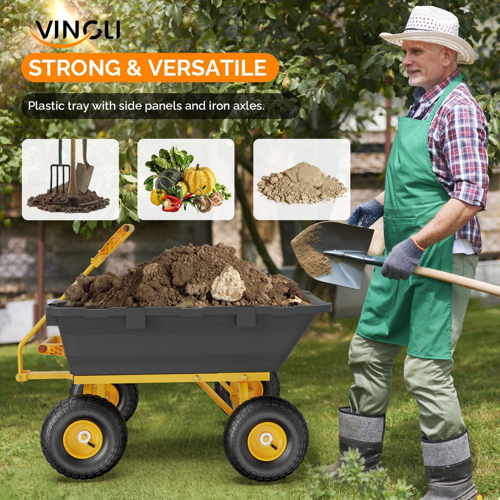 Heavy Duty Dump Cart Wagon, 770LBS Poly Wheelbarrow, 10in All-Terrain Pneumatic Tires D7496