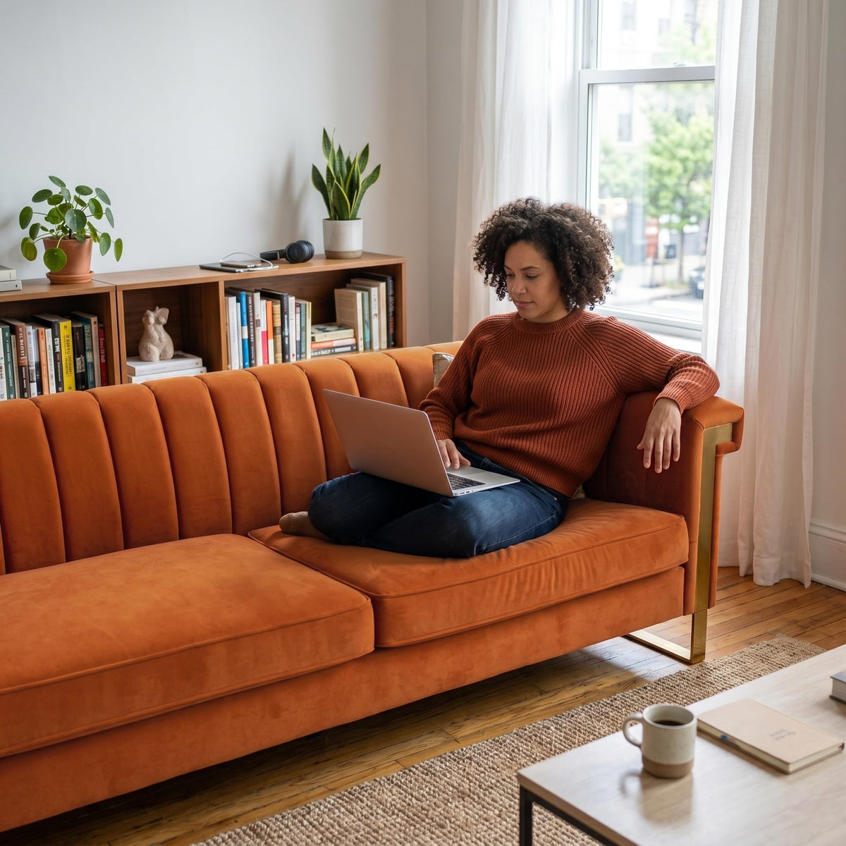 Orange Velvet 3 Seater Sofa with Gold Metal Legs R53149