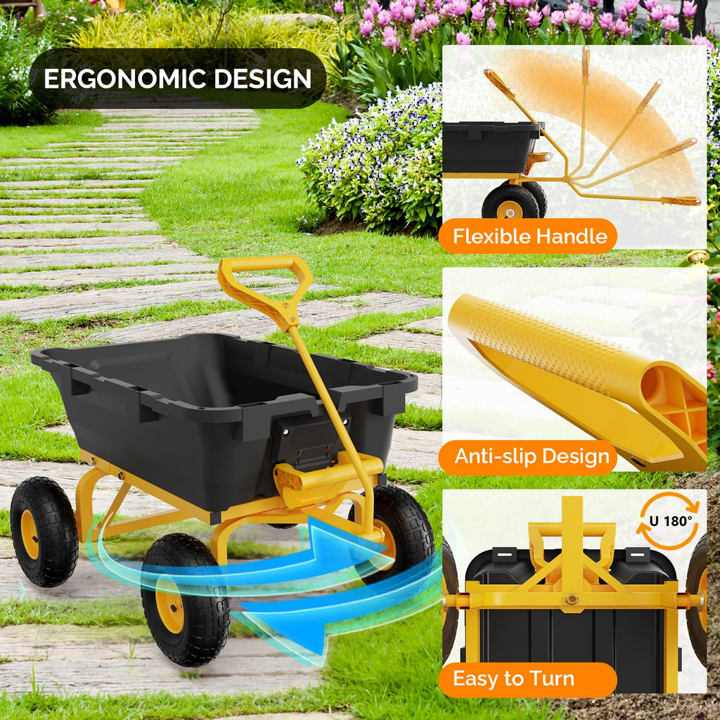 Heavy Duty Dump Cart Wagon, 770LBS Poly Wheelbarrow, 10in All-Terrain Pneumatic Tires D7496