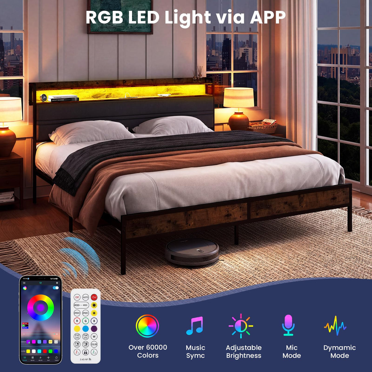 Full Bed Frame with LED Light Storage Headboard and Charging Station M336878