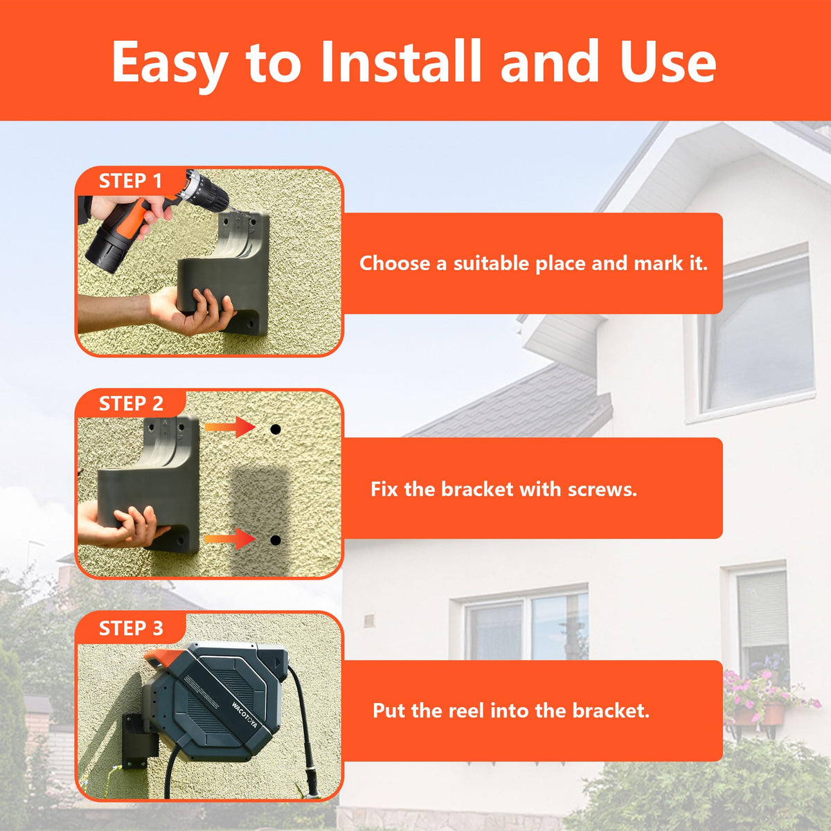Retractable Garden Hose Reel, 5/8 in x100 ft Heavy Duty Wall Mount A493763