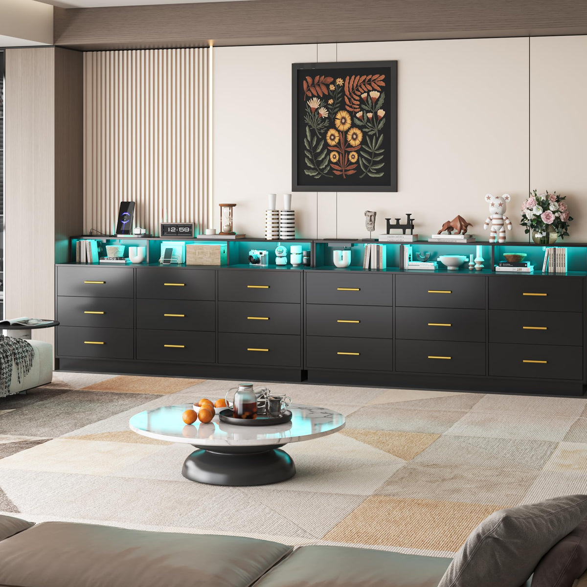 Black 9 Drawer Wood Dresser with LED Light and Power Outlet A422650
