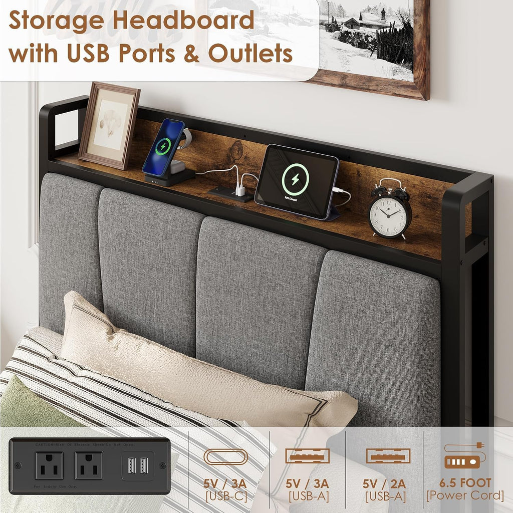 Twin Size Bed Frame with Storage Drawers and Charging Station C9780