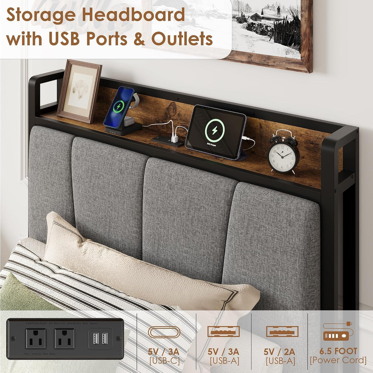 Twin Size Bed Frame with Storage Drawers and Charging Station C9780