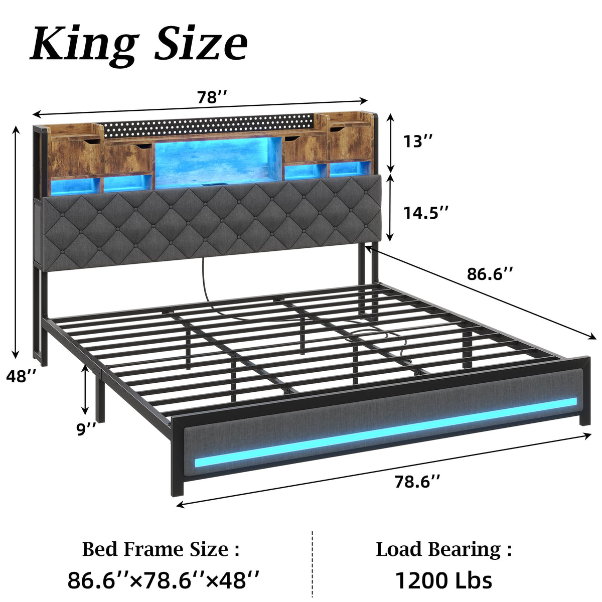 King Size Bed Frame with Storage Bookcase Headboard Y26260