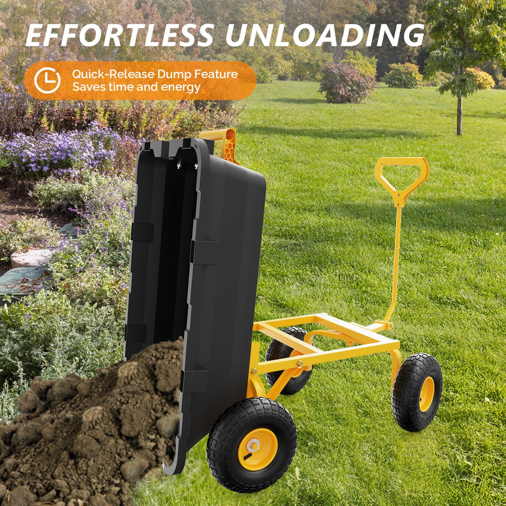 Heavy Duty Dump Cart Wagon, 770LBS Poly Wheelbarrow, 10in All-Terrain Pneumatic Tires D7496