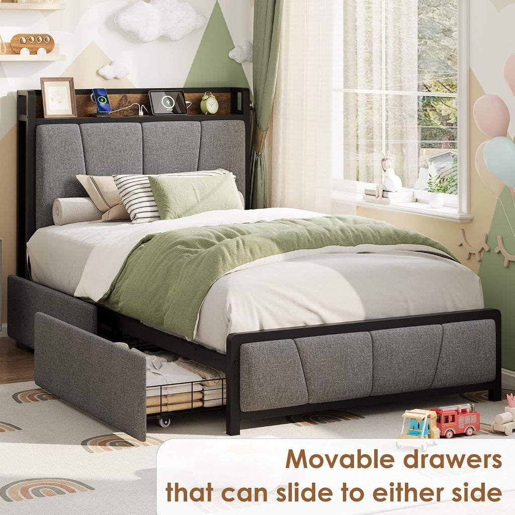 Twin Size Bed Frame with Storage Drawers and Charging Station C9780