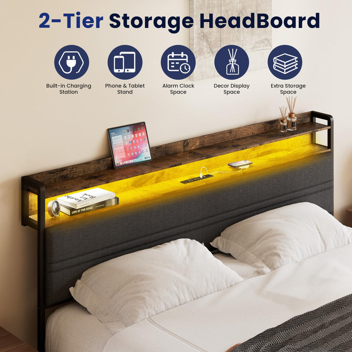 Full Bed Frame with LED Light Storage Headboard and Charging Station M336878