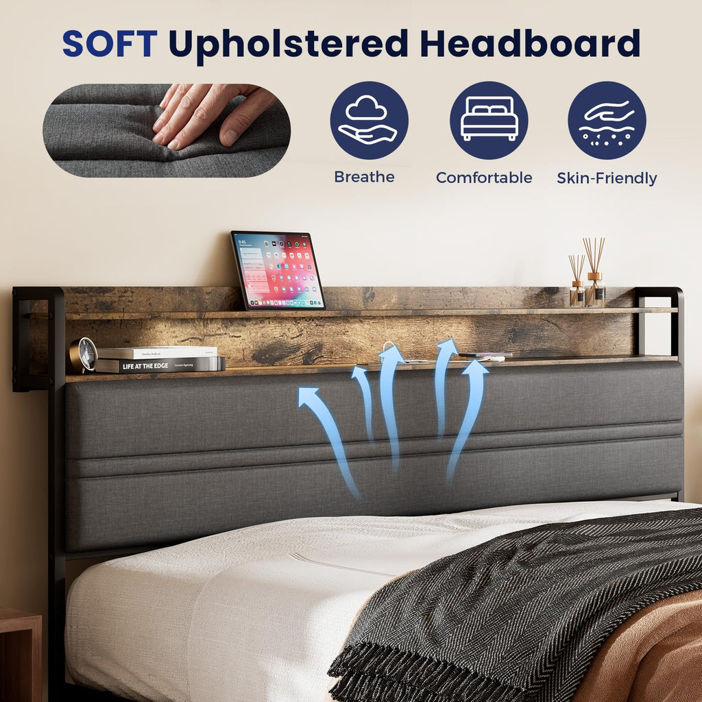 Full Bed Frame with LED Light Storage Headboard and Charging Station M336878