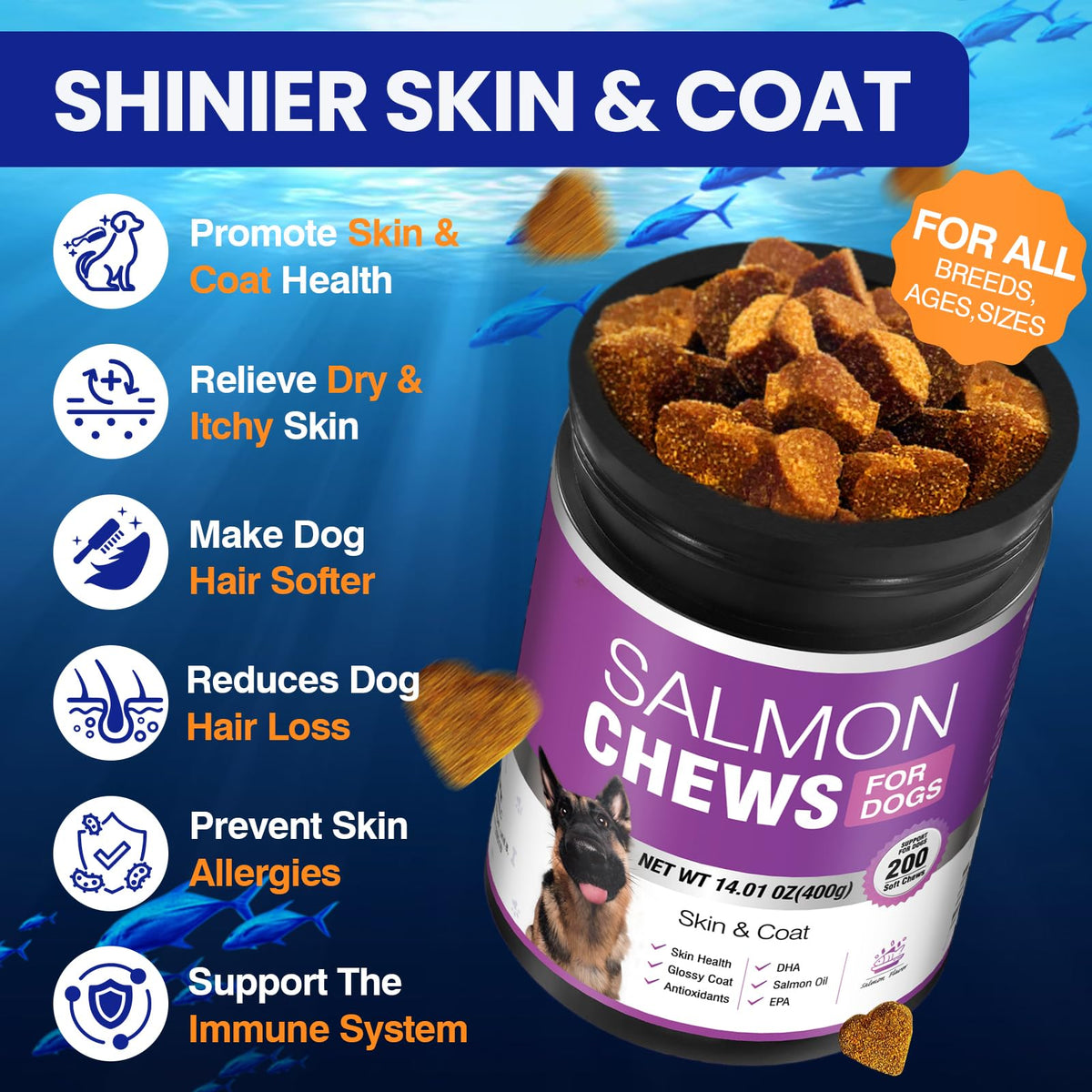 Omega 3 Skin and Coat Dog Supplement 200 Chews Fish Oil M6738