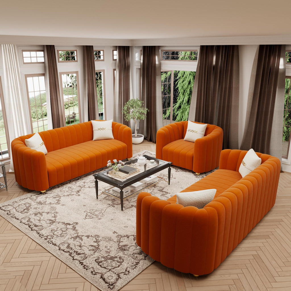 Orange Velvet Tufted 3-Piece Sofa Set B805