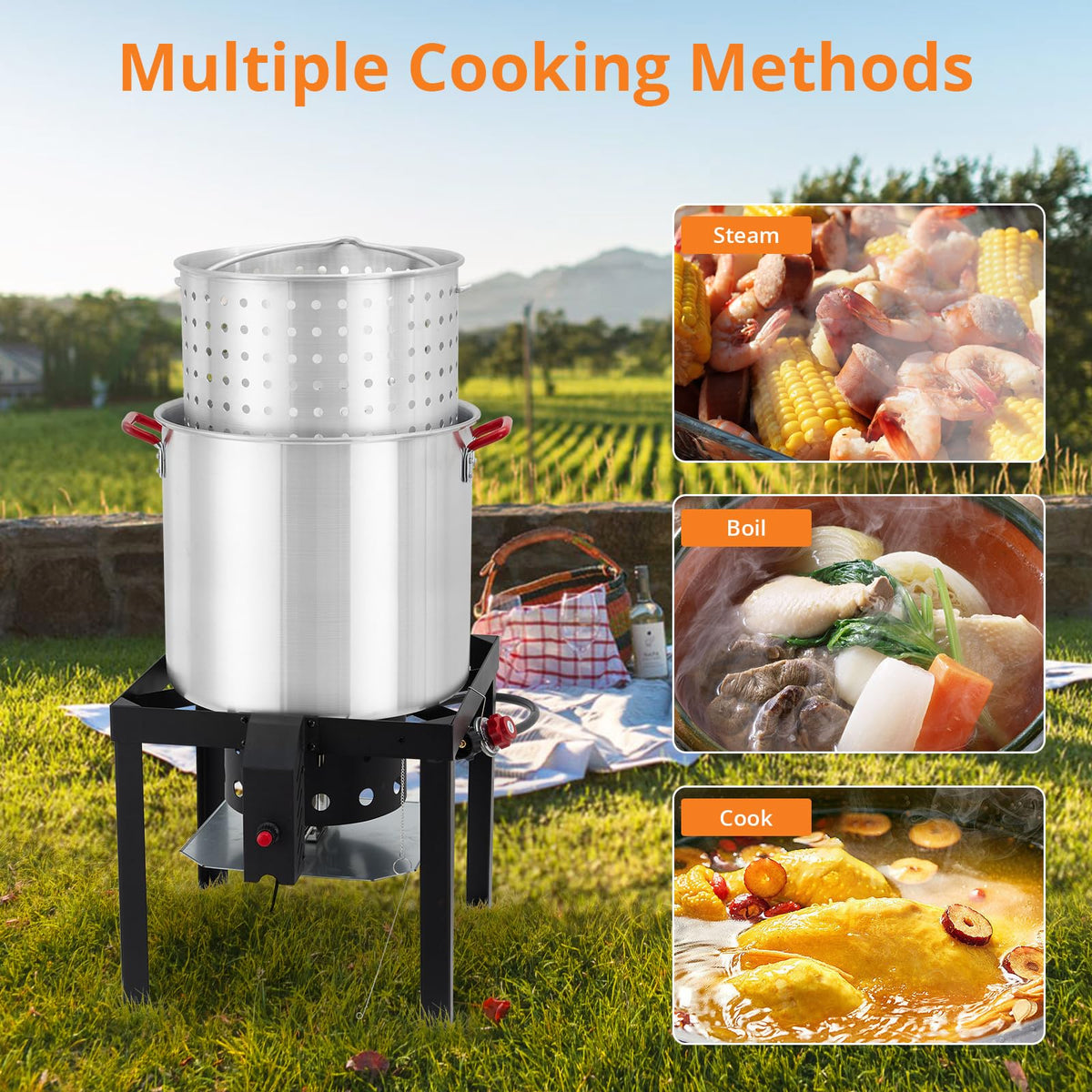 60QT Aluminum Seafood Boil Pot with Strainer Basket and Propane Burner V324