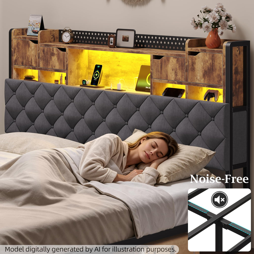 King Size Bed Frame with Storage Bookcase Headboard Y26260