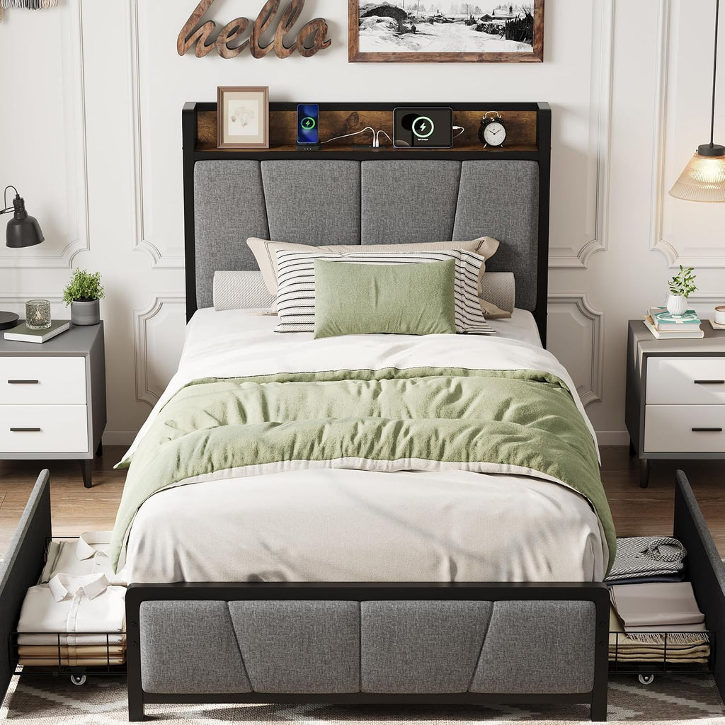 Twin Size Bed Frame with Storage Drawers and Charging Station C9780