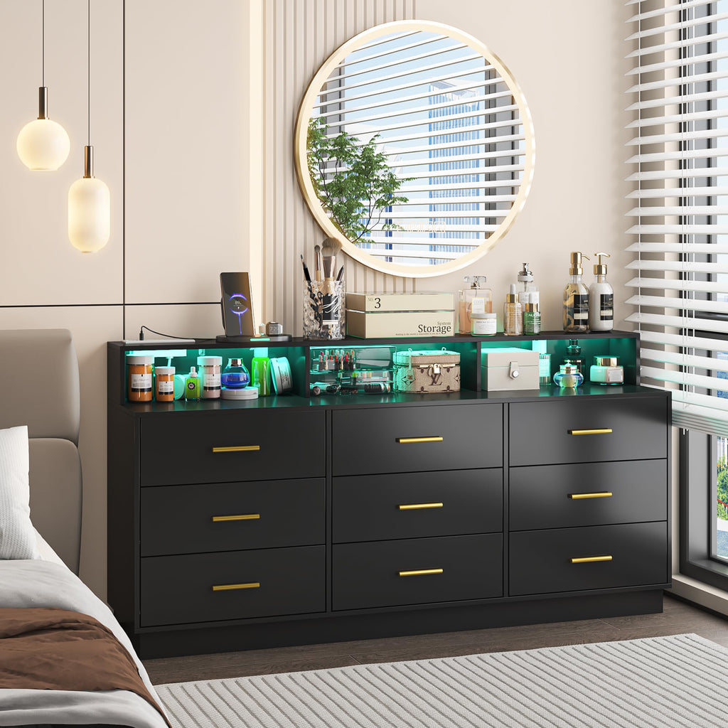 Black 9 Drawer Wood Dresser with LED Light and Power Outlet A422650