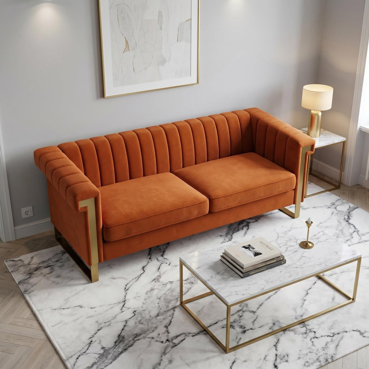 Orange Velvet 3 Seater Sofa with Gold Metal Legs R53149