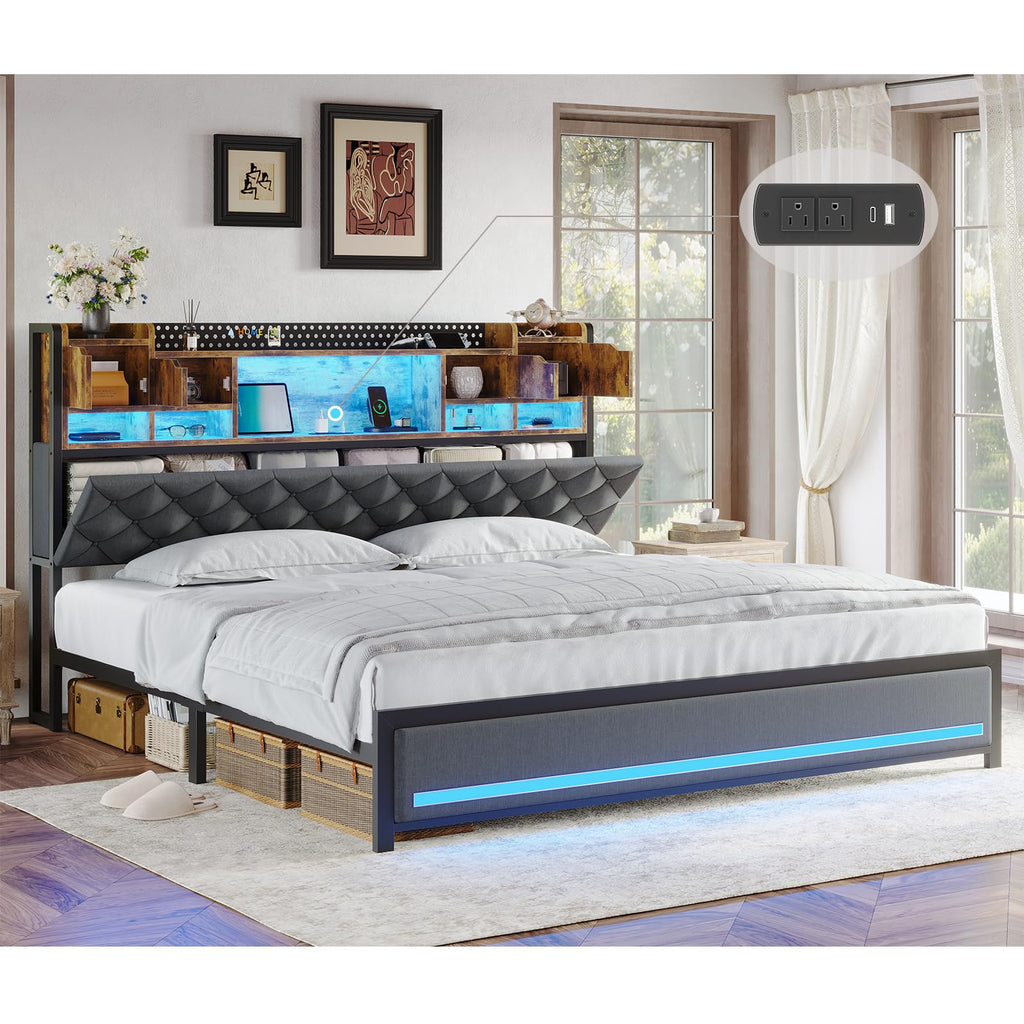 King Size Bed Frame with Storage Bookcase Headboard Y26260