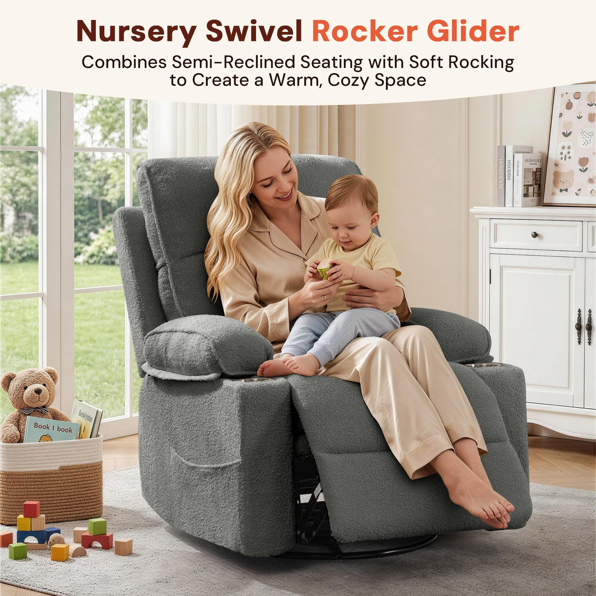 360° Swivel Rocker Recliner Chair with Cup Holders B274581