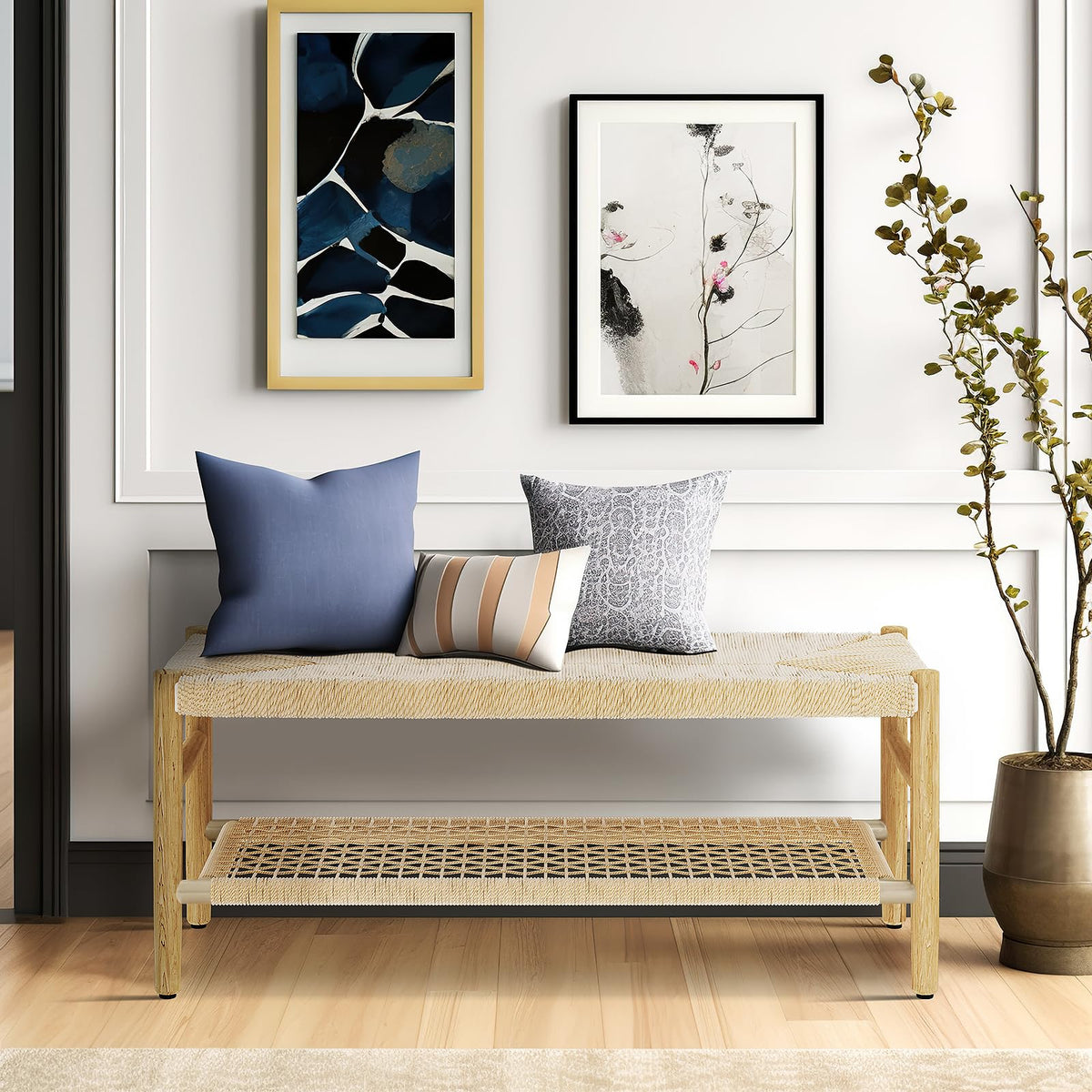 Indoor Entryway Bench with Storage Rack and Rubber Wood Legs C19273