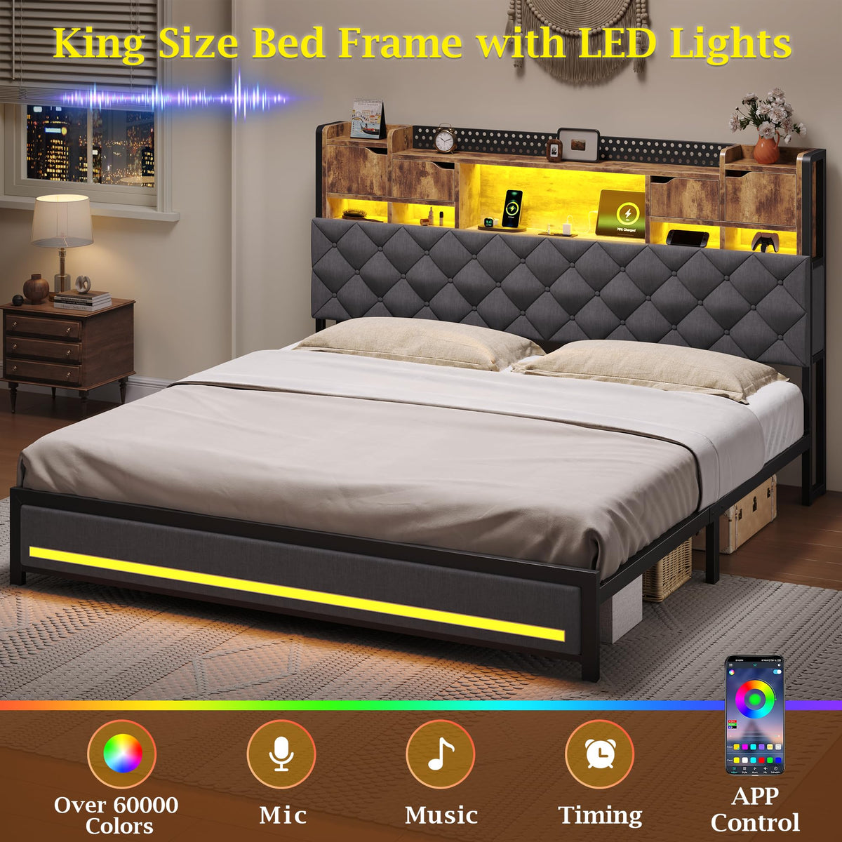 King Size Bed Frame with Storage Bookcase Headboard Y26260