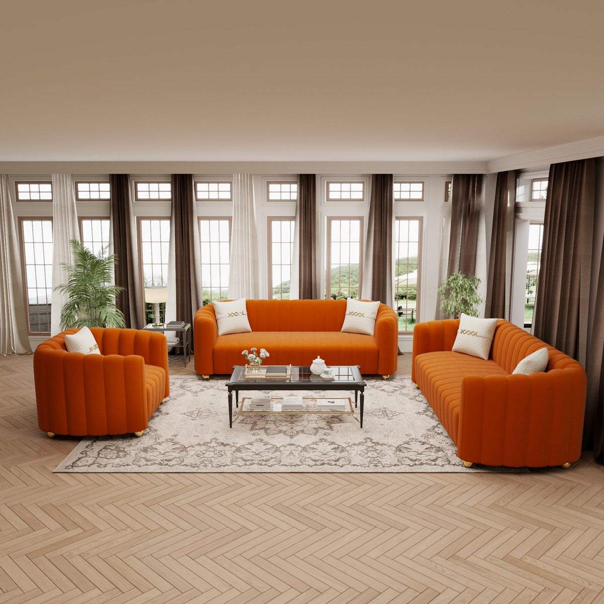 Orange Velvet Tufted 3-Piece Sofa Set B805