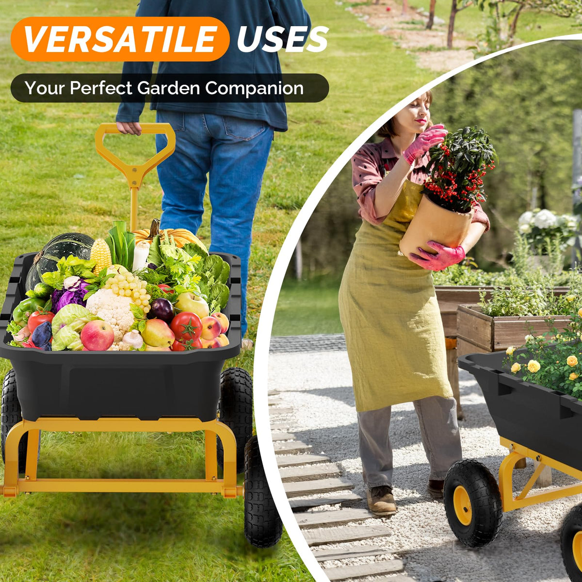 Heavy Duty Dump Cart Wagon, 770LBS Poly Wheelbarrow, 10in All-Terrain Pneumatic Tires D7496