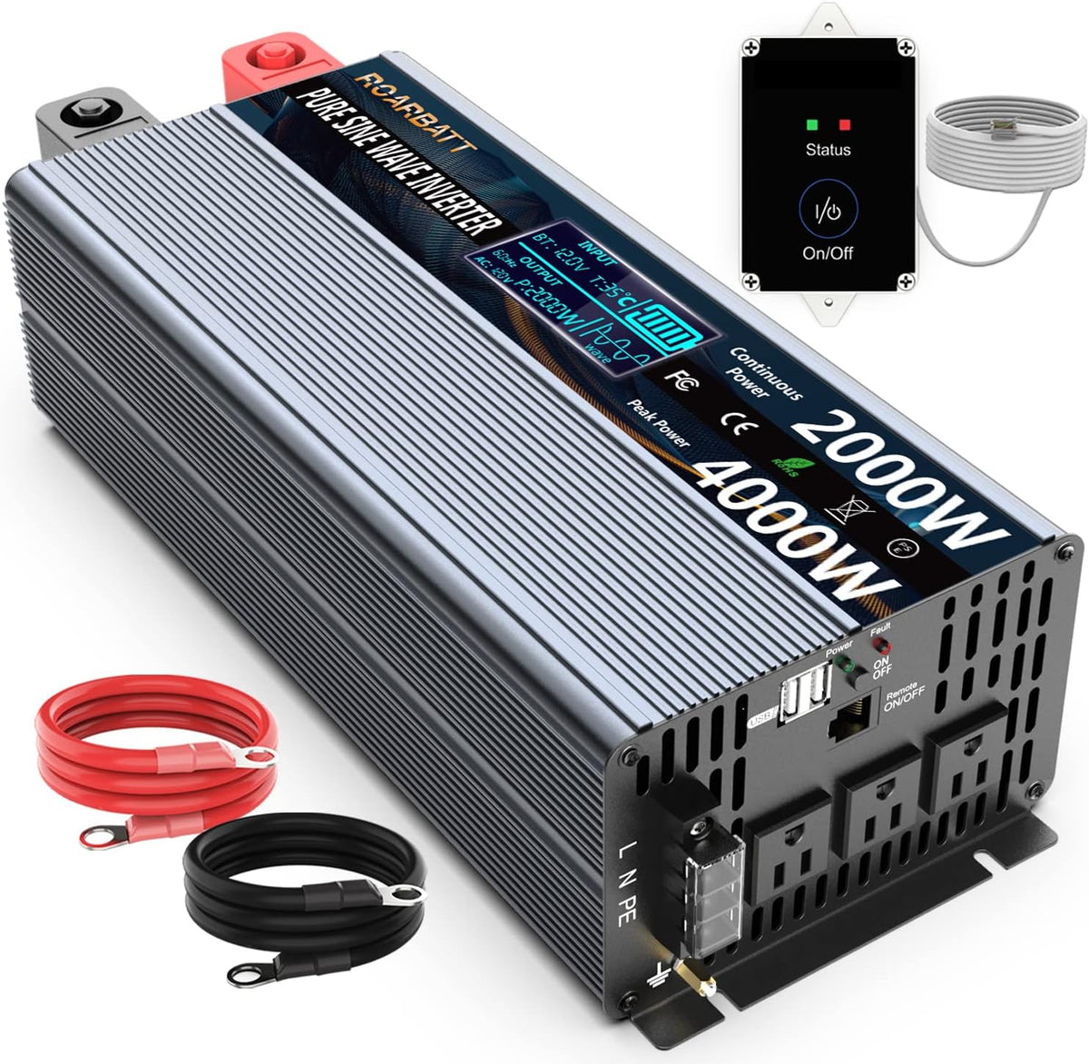 Pure Sine Wave Power Inverter 1000W DC 12V to AC 110V 2 AC Outlets 3.4A USB D67844