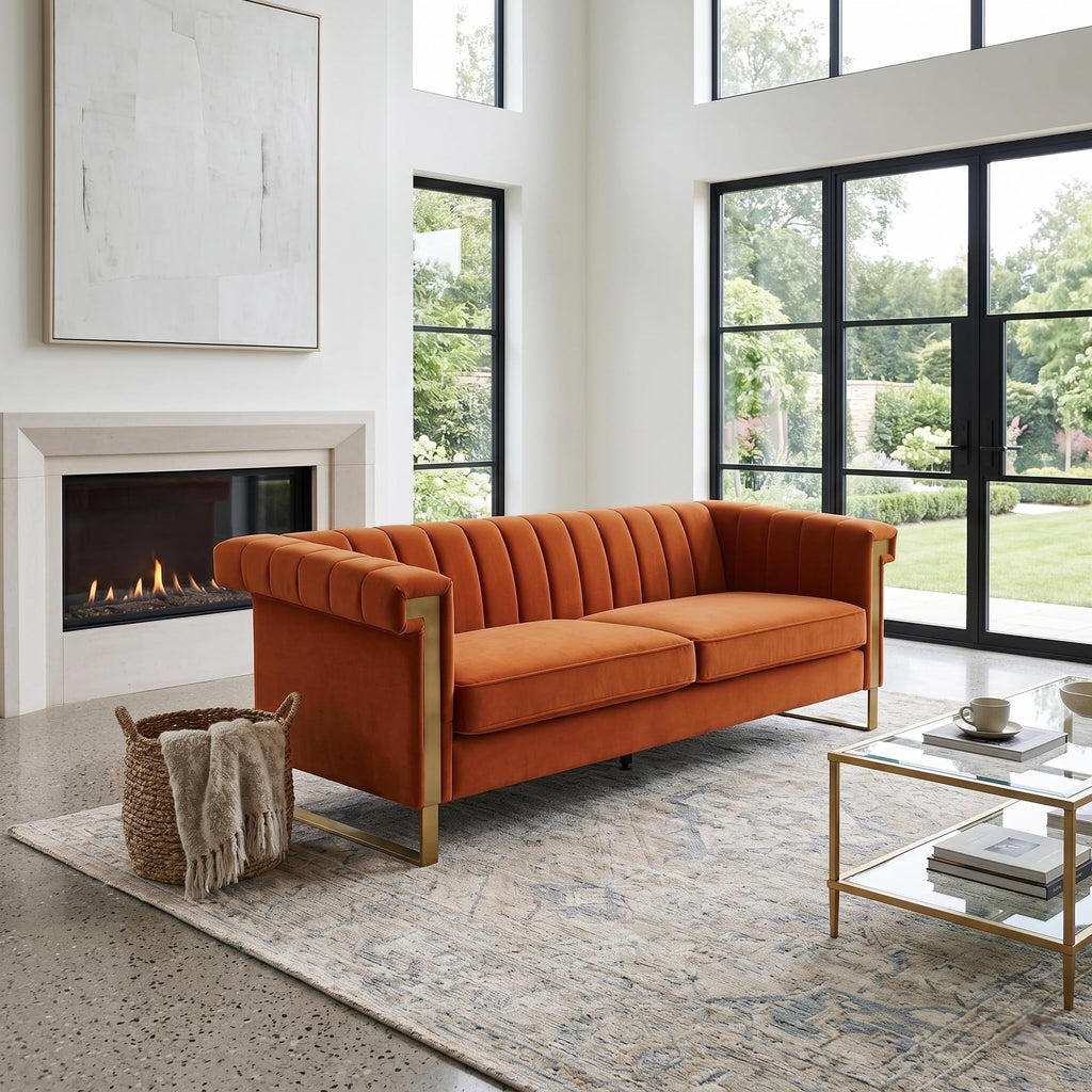 Orange Velvet 3 Seater Sofa with Gold Metal Legs R53149